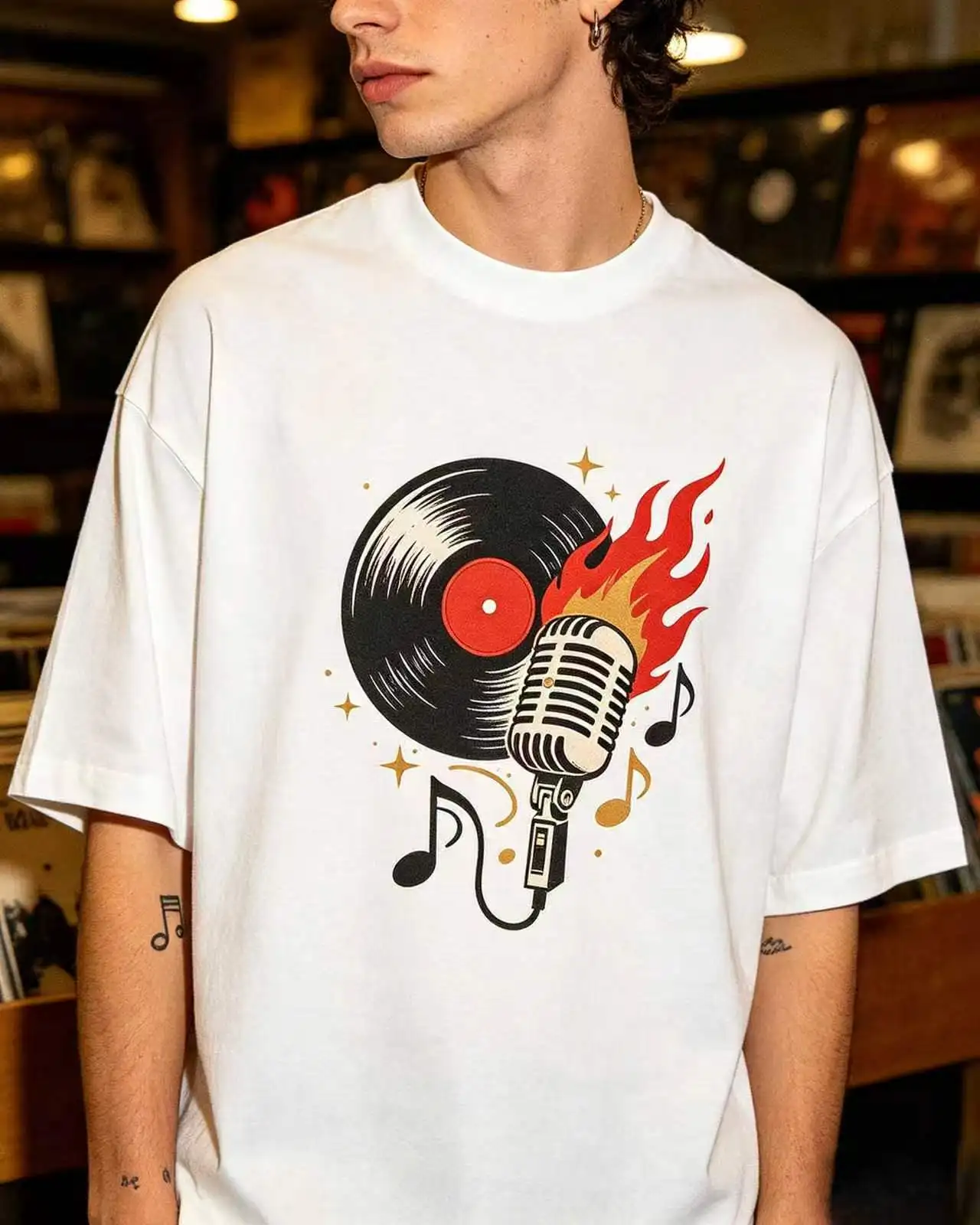 Unisex Retro Vinyl Record Microphone Music Note Graphic T‑Shirt Men Women Vintage Rock Music Oversized Crew Neck Cotton Tee