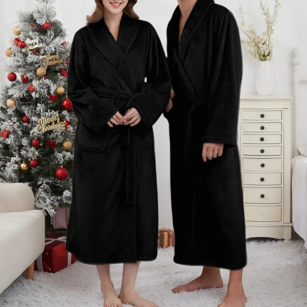 

Women Men Flannel Robe Bathrobe Flannel Bathrobe Lapel Collar Long Sleeve Soft Loungewear Robe With Pockets Waist Tie Nightwear