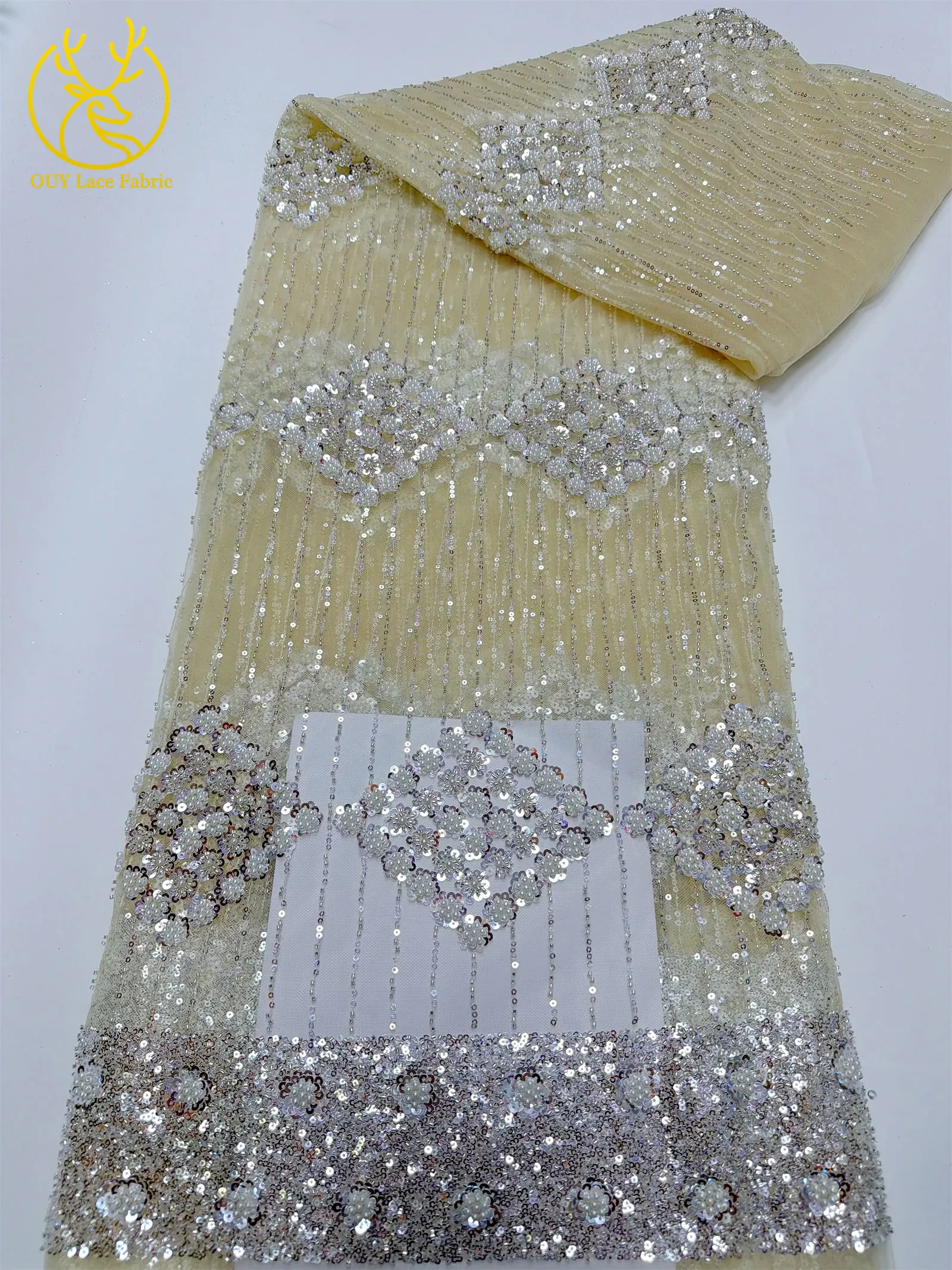 Eleganter, modischer afrikanischer Spitzenstoff mit Perlen und Pailletten, 2026, neues Design, französischer nigerianischer Tüll-Spitzenstoff für Abschlussball- und Partykleider, 5 Yards – Detail 12
