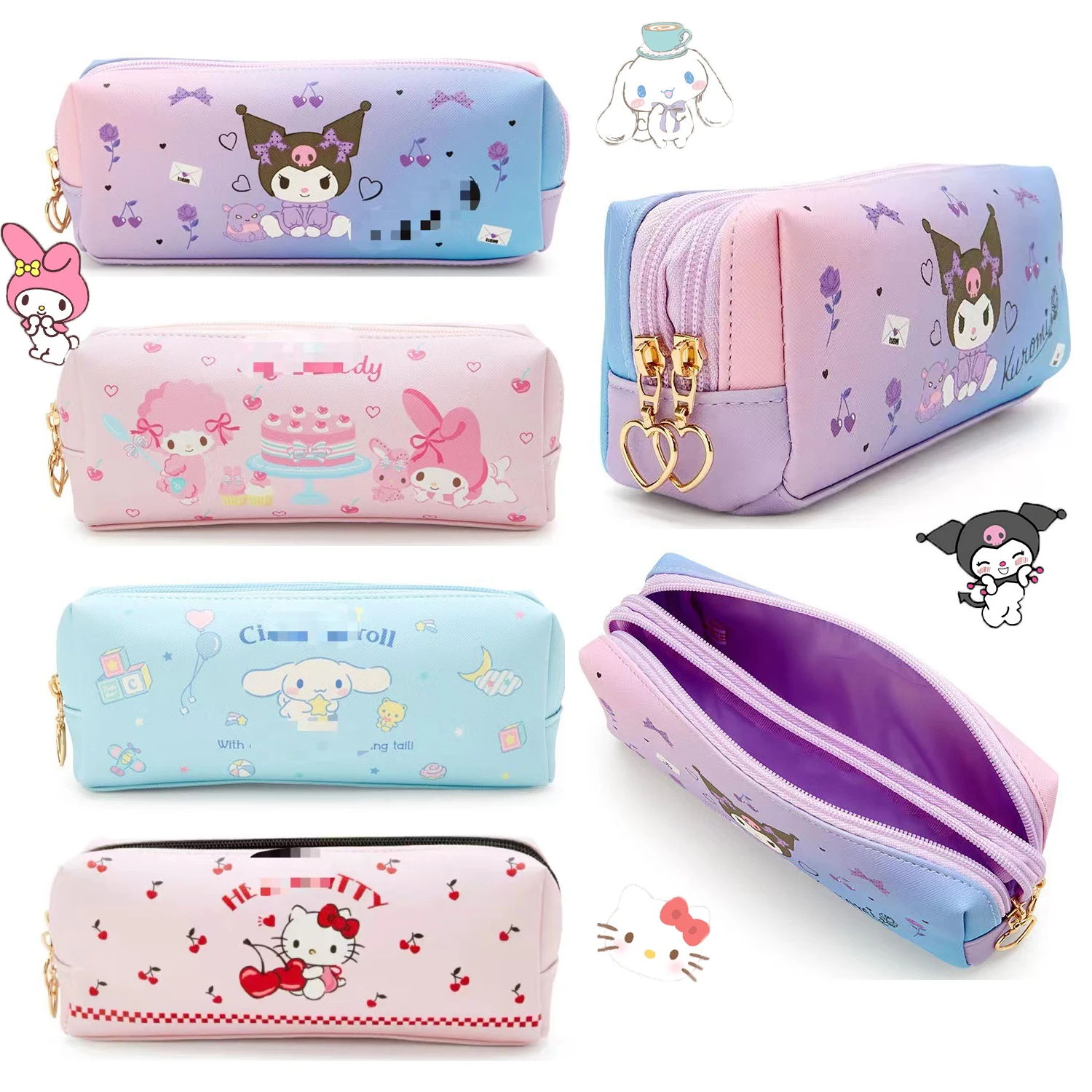 Kawaii Sanrios Cinnamonroll Kuromi Cartoon double layer Pencil Case Travel Storage Bag Zipper coin purse Stationary Gift