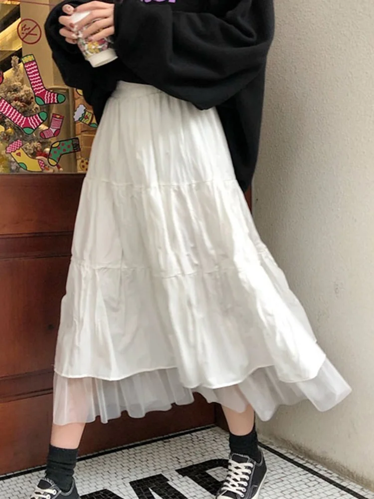 Mesh A-LINE Loose White Black Long Skirt Women Summer Patchwork Casual Vintage High Waist Elastic Girl Elegant