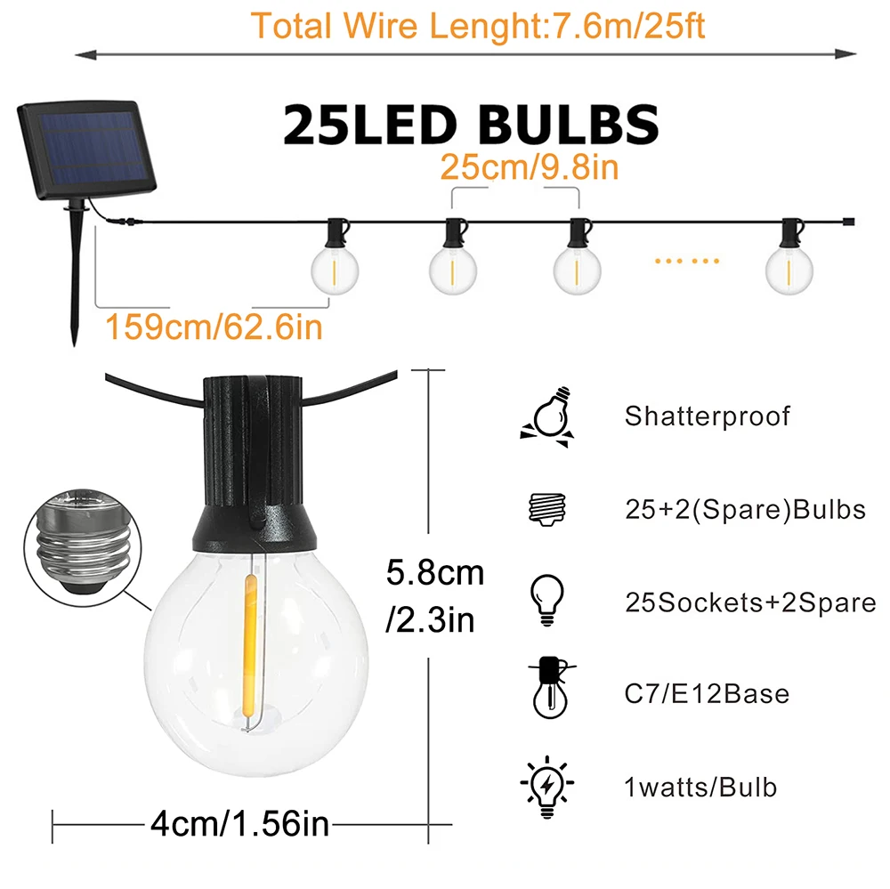 Уличная светодиодсветильник гирлянда на солнечной батарее, садовый декоративный шнурок с лампочками G40, водонепроницаемая сказочная лампа для загородного дома