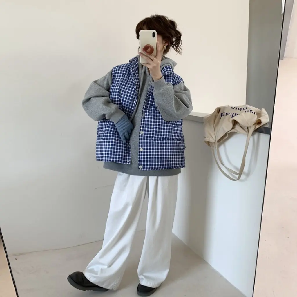 

Retro Blue Plaid Vest Unisex Winter Warm Jacket Korean Style Loose Cotton Sleeveless Coat for Boys And Girls Trendy