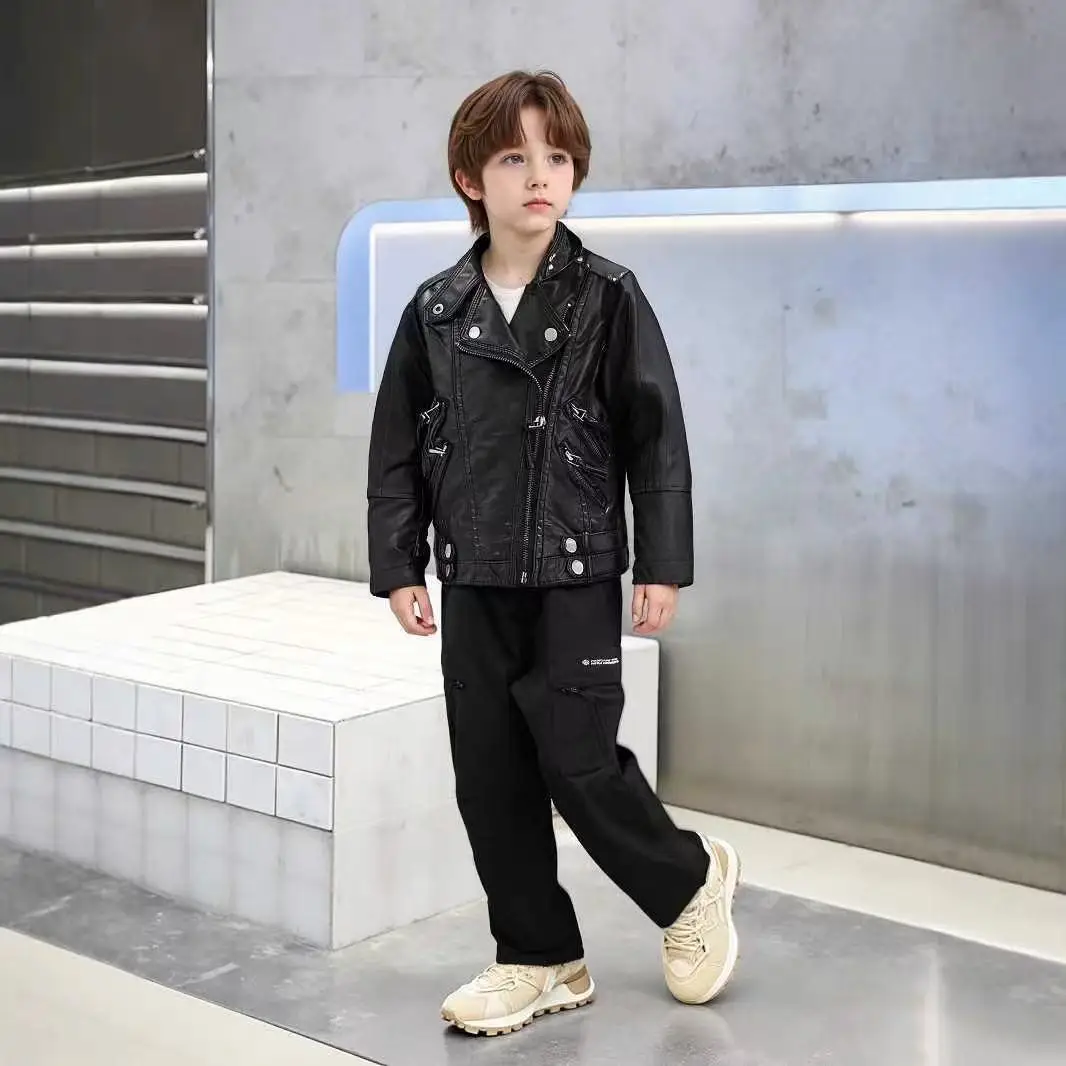 Children's Leather Jacket 2026 New Arrival Kids Outerwear Korean Style PU Leather Jacket for Boys and Girls with Stand-Up Collar