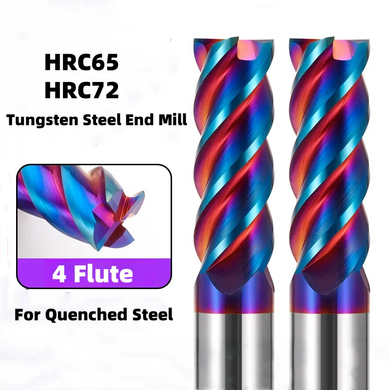 HRC72 HRC65 Carbide End Mill CNC Machining Tools 4 Flute Flat Solid Carbide Milling Cutter For Quenched Steel Metal 2 4 6 8 10MM