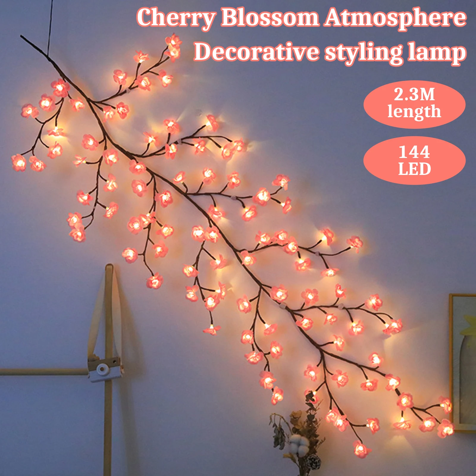 LED Sakura Hanging Wall Lamp PVC Decoration Modeling Lights with RC Cherry Blossom Atmosphere Light for Xmas Fesival Decorations