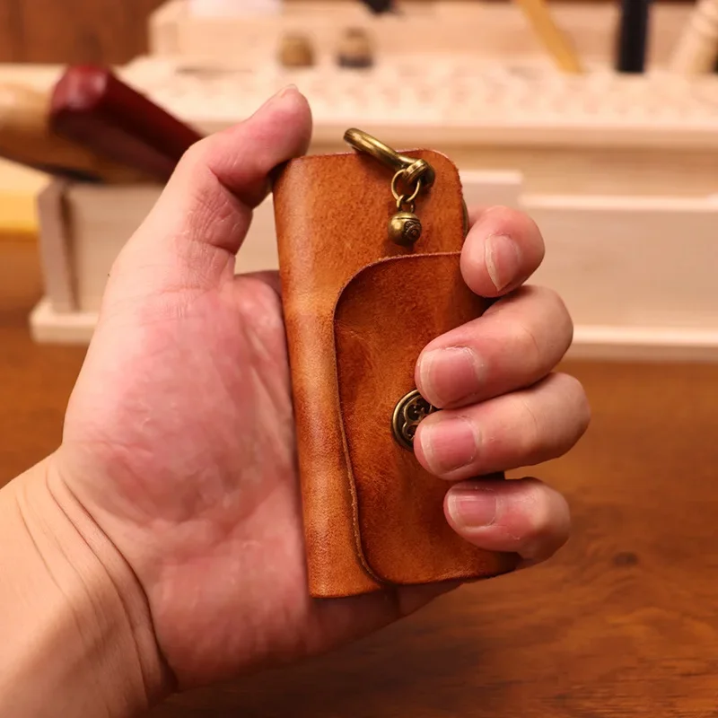 New First-layer Cowhide Vegetable Tanned Leather Key Bag Men's Retro Simple and Old Pleated Hand Holding Mini Keychain Women