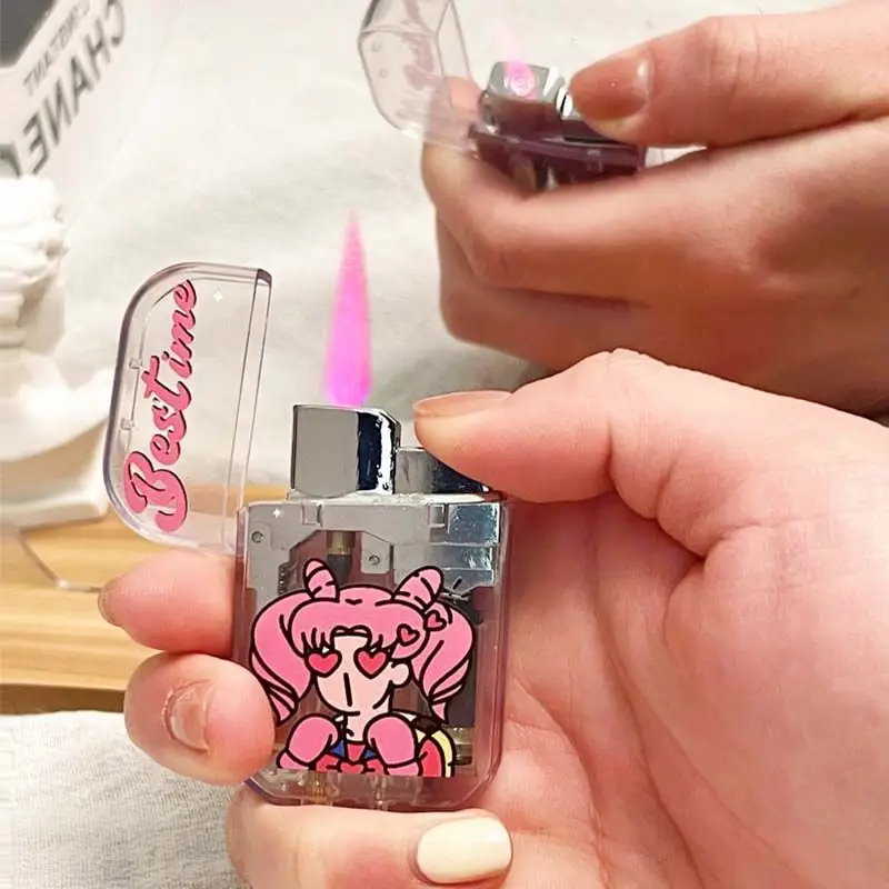 

Instagram cartoon pink flame plastic lighter Refillable Butane Gas Fuel lighter Windproof Inflated Jet Portable Cigar Lighter