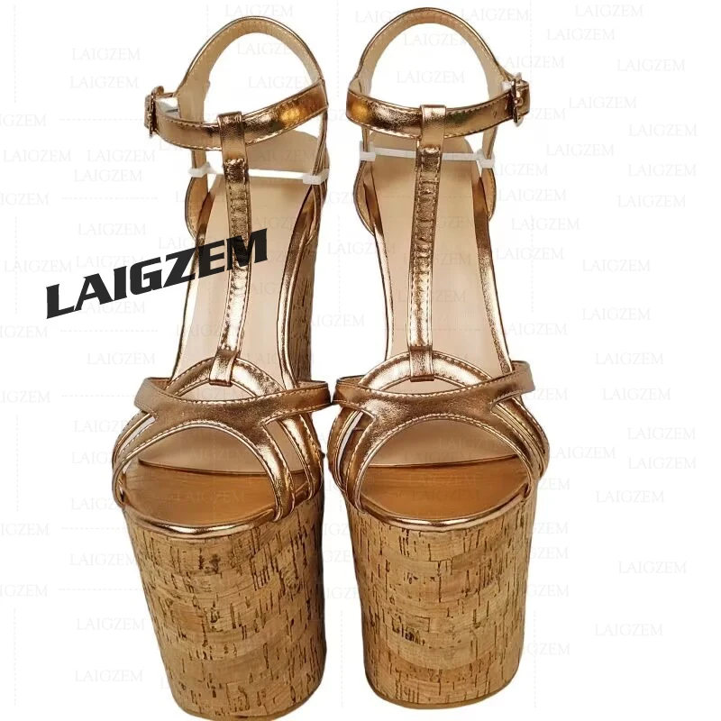 

LAIGZEM Женские босоножки на танкетке на платформе, туфли-лодочки на высоком каблуке 20 см с Т-образными ремешками, женская обувь ручной работы, большой размер 41 42 46 47