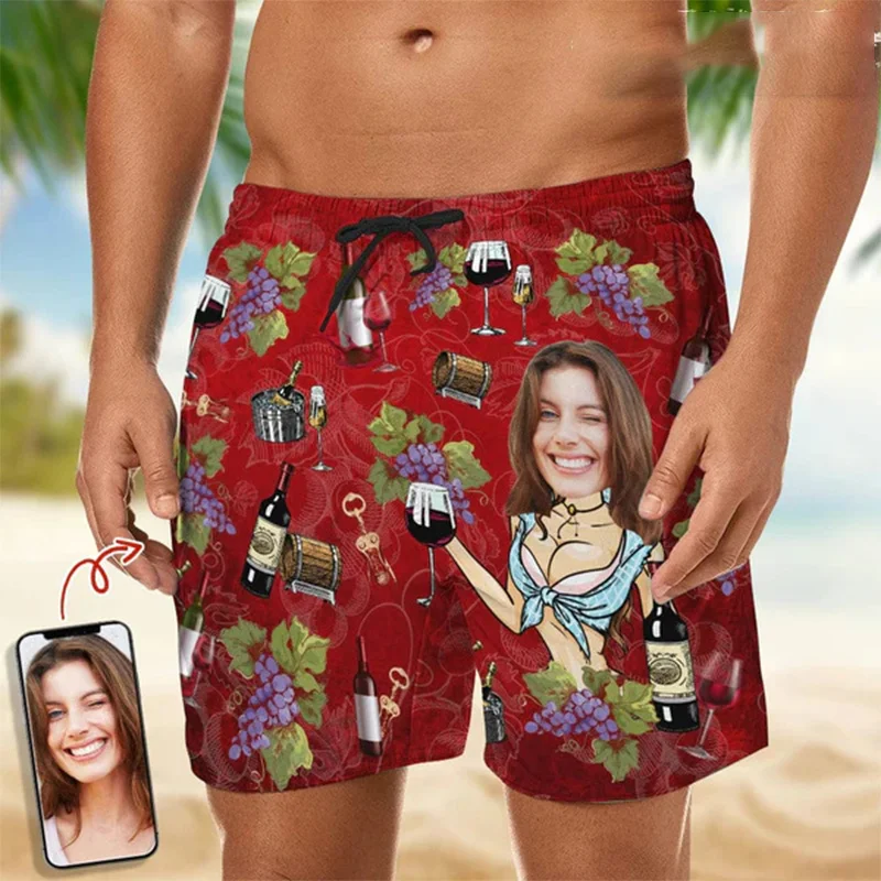 Pantalones cortos Hawaianos para hombre y mujer, Shorts de playa con estampado de cara personalizado 3D, ropa de calle a la moda, divertidos, para nadar, para el día de la cerveza