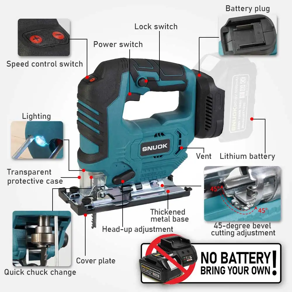 SNUOK-máquina desnuda, sierra curva sin escobillas, herramienta eléctrica, abrazadera inalámbrica de mano, mango de barril, rompecabezas para batería de litio Makita de 18V