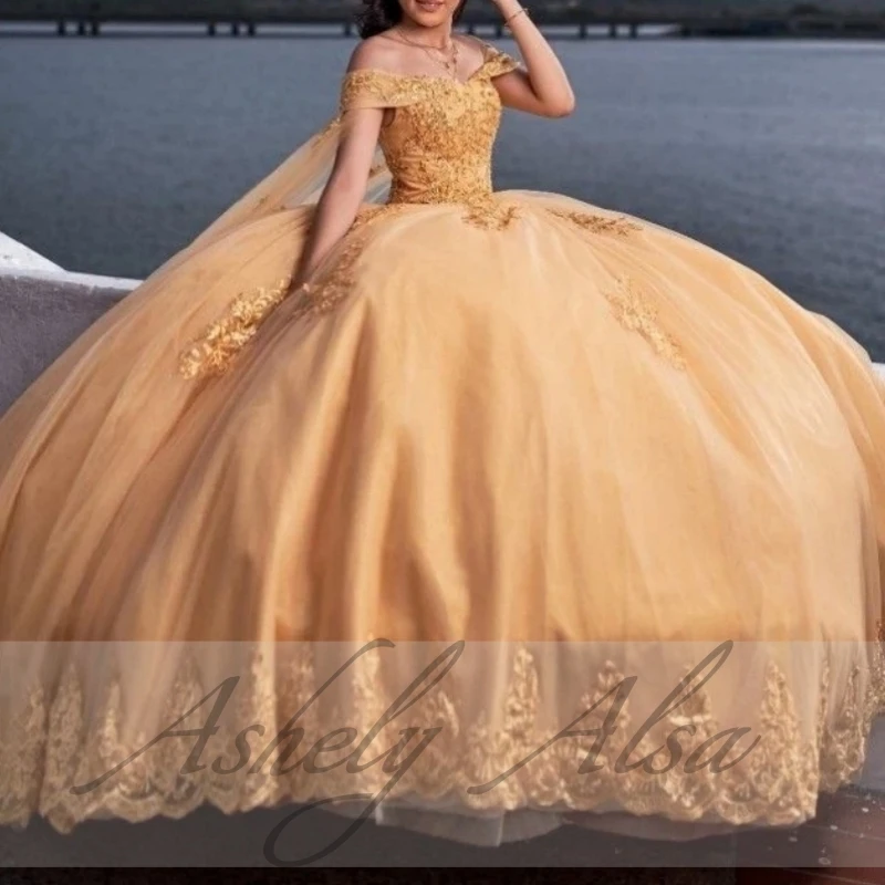 Customized Mexican Gold Sweet 14 16 Year Girl Quinceanera Dress With Cape Off Shoulder Lace Ball Gown Prom Occasion Party Dress