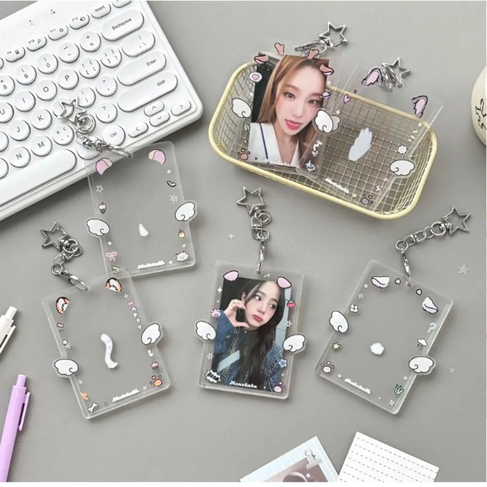 3 Inch Kpop Photocard Holder Cartoon Animals Acrylic Idol Photo Card Holder with Keychain Angel Wings Card Sleeve Bag Pendant