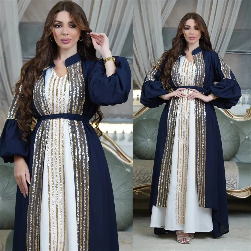 Marokko Eid Party Pailletten Jurk Elegante Vrouwen Open Kimono Abaya 2-delige Set Dubai Moslim Jurken Avond Lange Gewaad Vestido Outfit