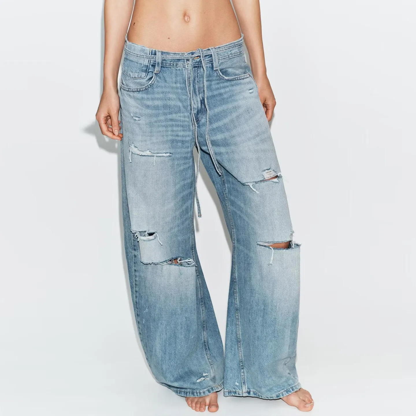 Loose Women's Jeans Spring 2026 Denim Pants Decorative Hole Natural Waist Wide Leg Micro Stretch Ladies Jeans Zadata