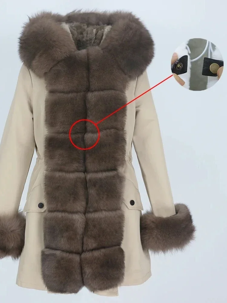 Chaqueta de piel de nueva realidad para mujer, abrigo de piel cálido con cuello de piel de zorro Real Natural, Parkas largas holgadas, prendas de vestir exteriores desmontables, 2025