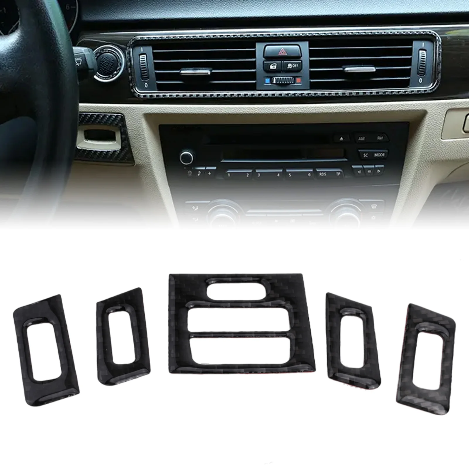 5pcs Carbon Fiber Central AC Vent Outlet Cover Trim Central Dashboard AC Outlet Vent Stickers For BMW E90/92/93 2005-2012