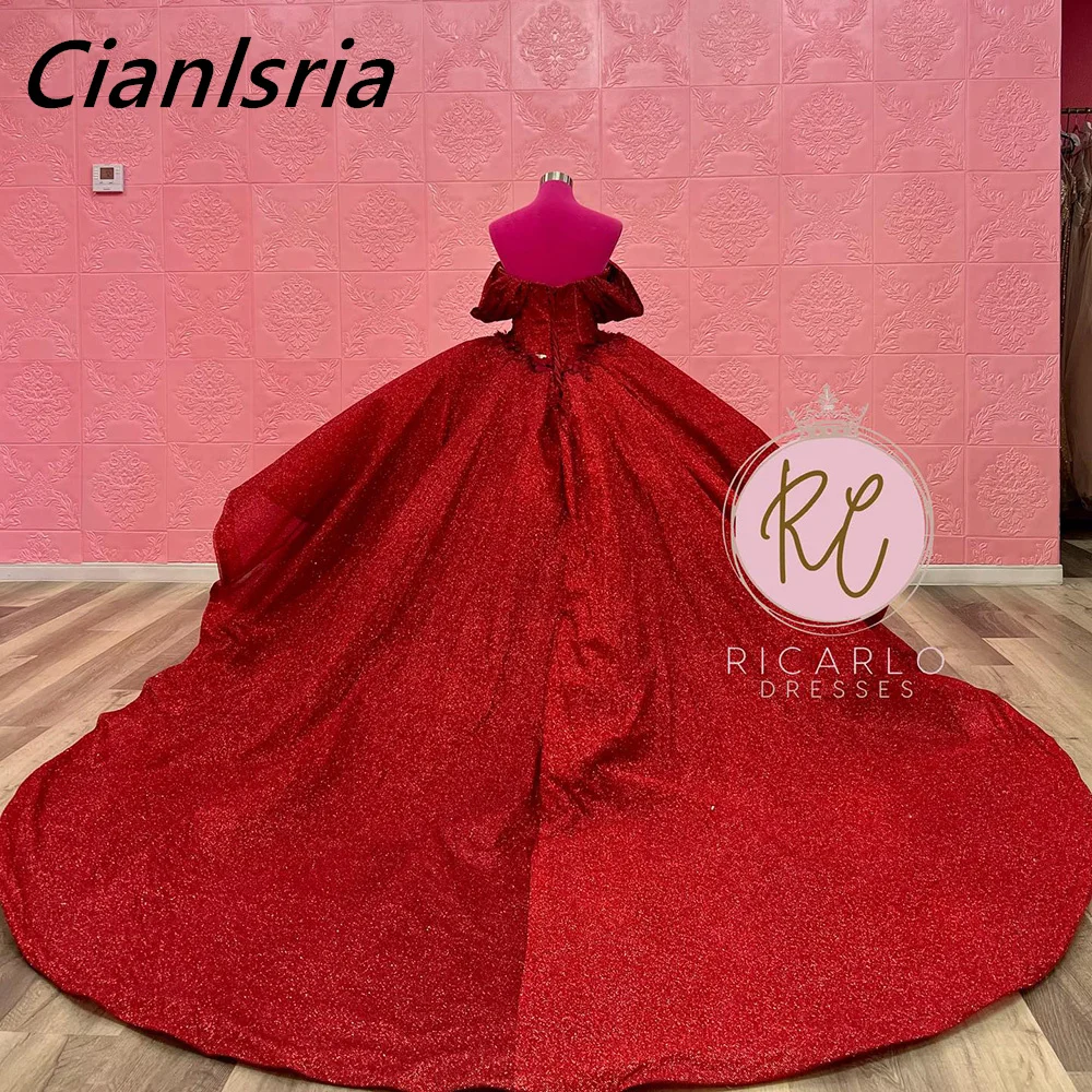 Vestido De baile plisado De cristal con purpurina roja para quinceañera, hombros descubiertos, flores 3D, corsé con volantes, 15 Años