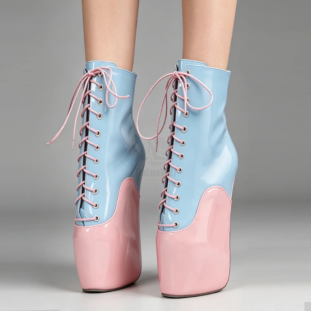 18CM Extreme High Heel Hoof Sole Heelless Wedge Ballet Boots Pastel Blue Pink Two-Tone Ultra High Heel Lace-Up Ankle Boots