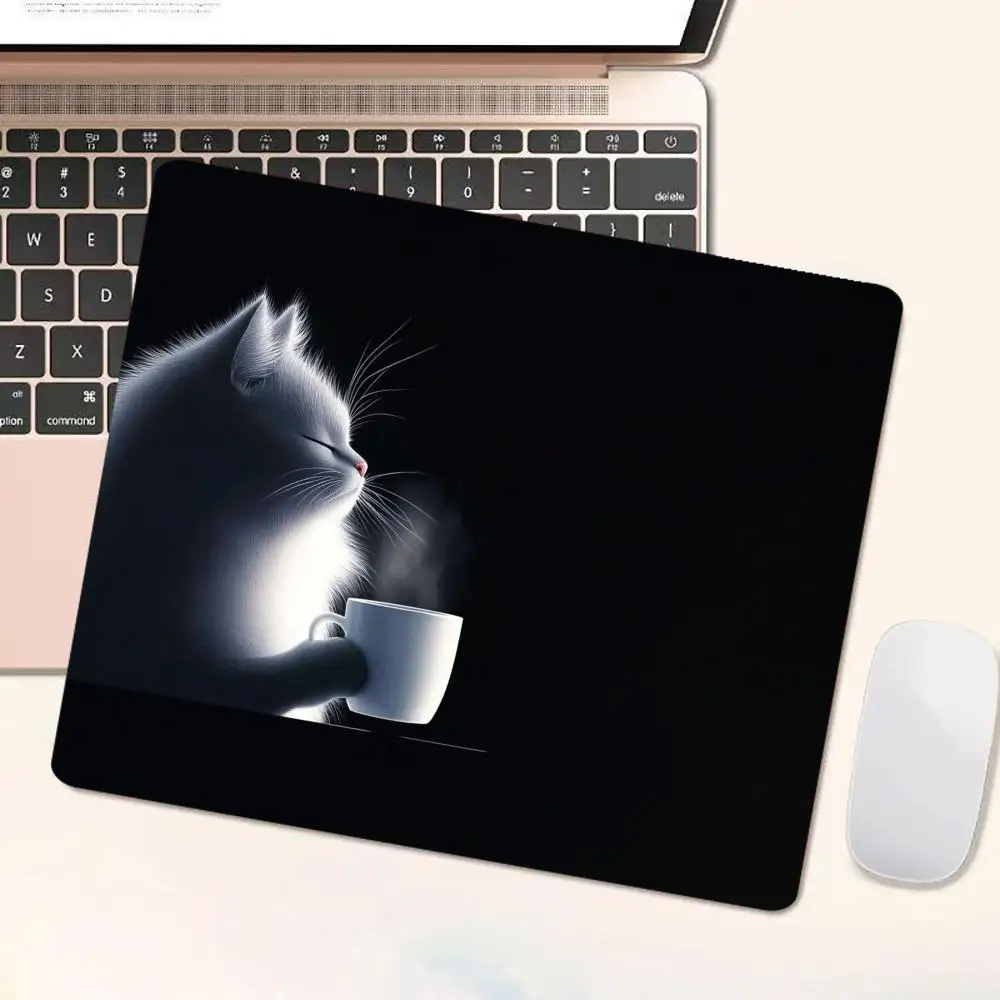 A Fun Black Cat Hot Drink Printed Mouse Pad, Natural Rubber Non-slip Table Pad, Suitable for Office Learning E-sports Game Pad
