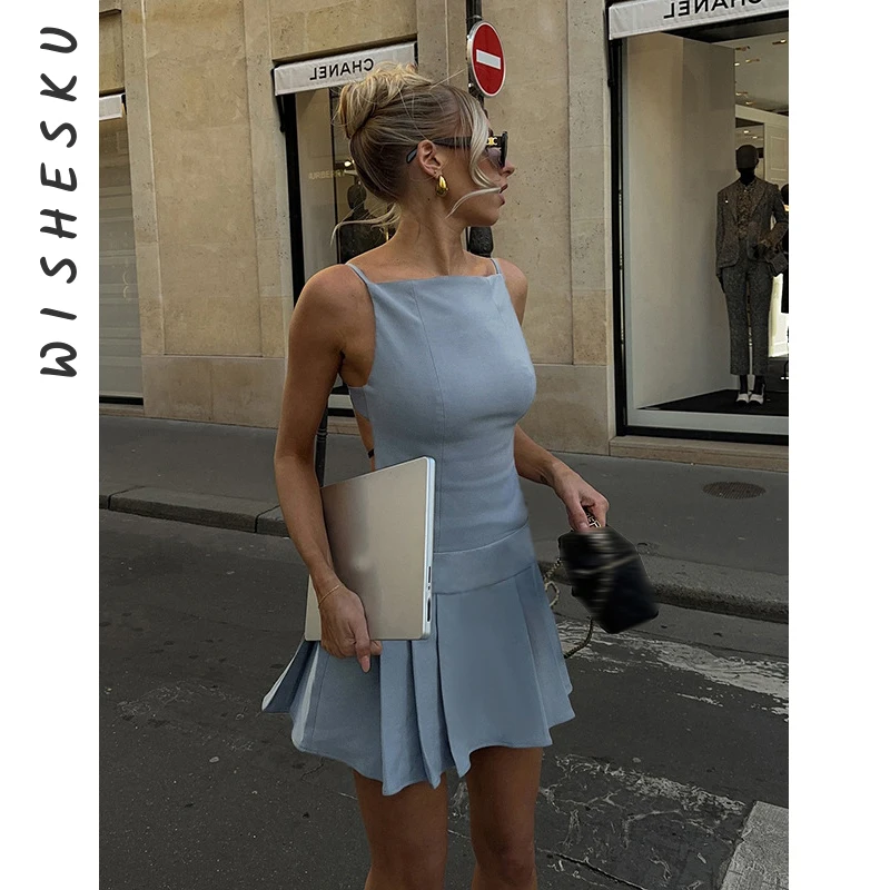 

Sexy Spaghetti Strap Backless Slim Short Pleated Dress Women Sleeveless Lolita Sundress 2025 Summer Harajuku Y2K Clothes