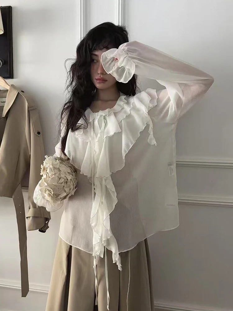 リアンリアン重工業 エッジサッシュ レディースシャツ 春新作 ゆったり 薄手 ベルスリーブ シフォン トップス 韓国風 長袖 丸首