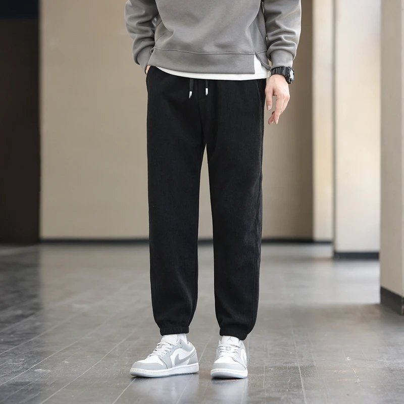 Autumn Winter Men's Straight-Leg Casual Pants Black Gray Khaki Corduroy Thermal Straight Trousers Elastic Waist with Drawstring