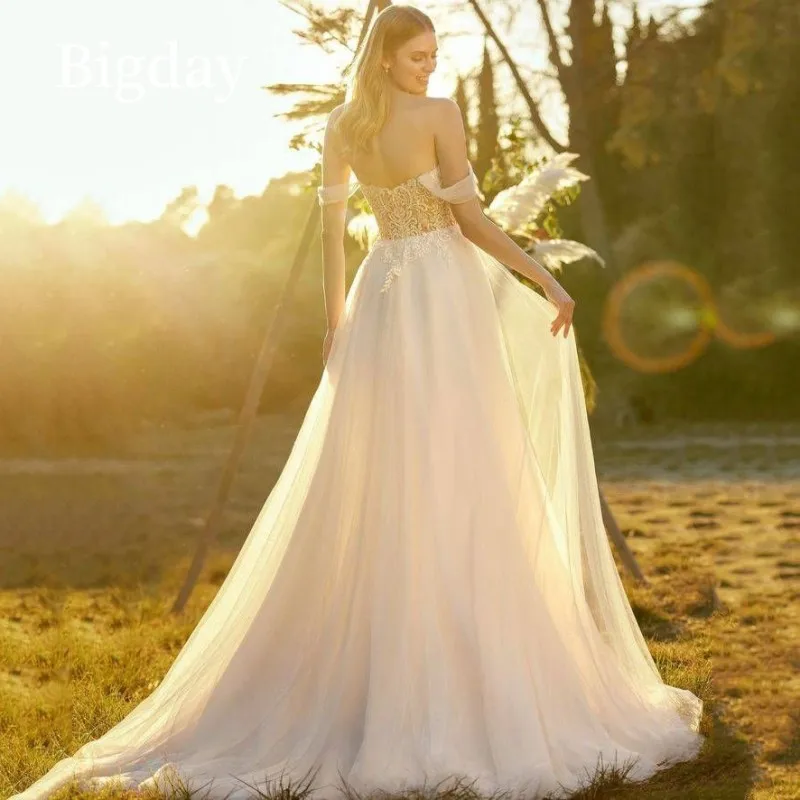 Elegant A-Line Wedding Dresses Women Sweetheart Open Back Lace Off The Shoulder Tulle Bridal Gown Sweep Train Vestidos De Novia