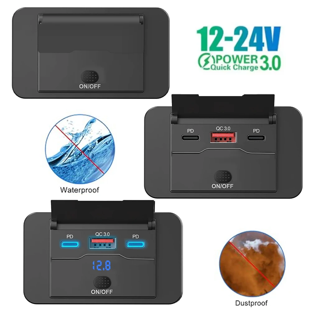 

Автомобильное зарядное устройство 12 В 24 В с переключателем и дисплеем напряжения PD QC3.0 3-портовая розетка для зарядки для автобуса, автофургона, квадроцикла, грузовика, лодки, розетки
