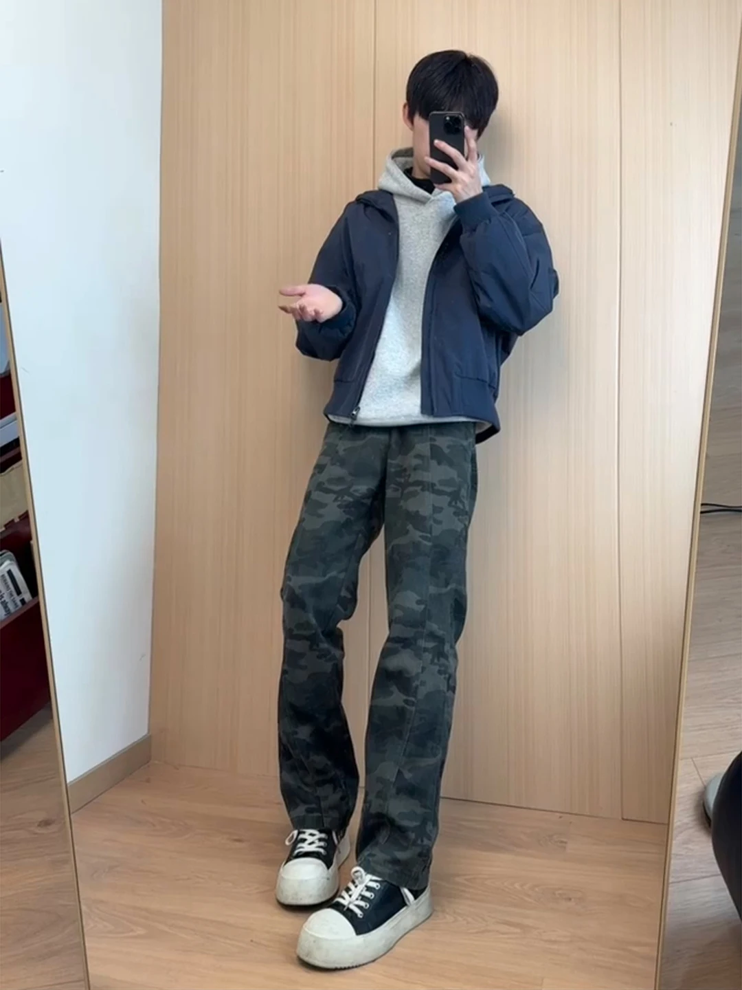 

Camouflage Fleece Lined Jeans Men's Winter Straight Leg Slimming Bootcut Trousers Patchwork Design Casual Wear Youth Style