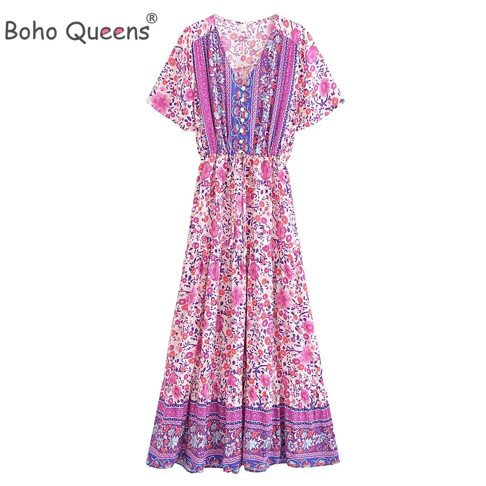 Boho Queens Vintage Women Purple Floral Print Short Sleeve Tassel Ruffles Bohemian Maxi Dresses Ladies V-neck Rayon Boho Dress