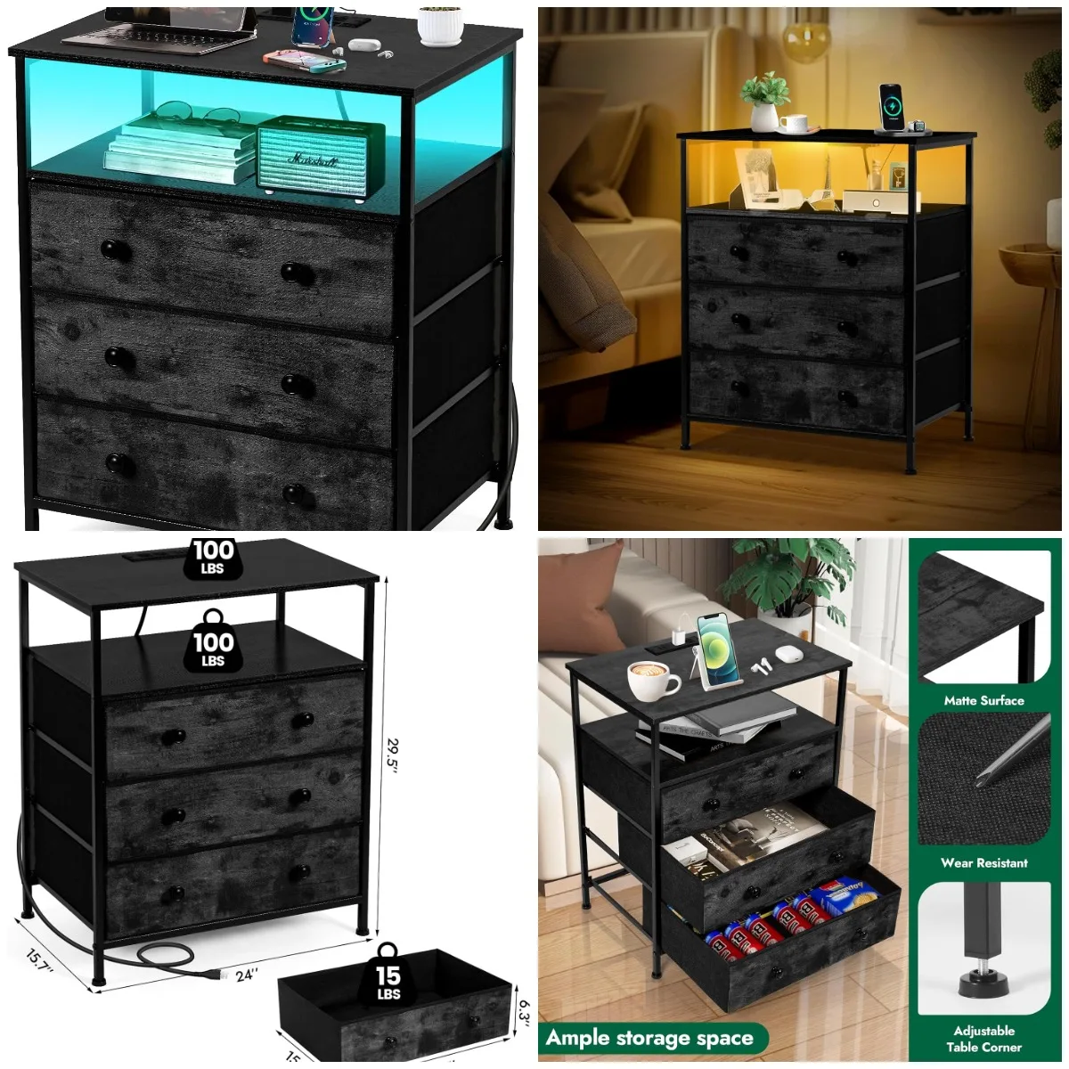 

3-Drawer Dresser with Charging Station, 24' LED Nightstand, Adjustable Fabric Drawer, Black