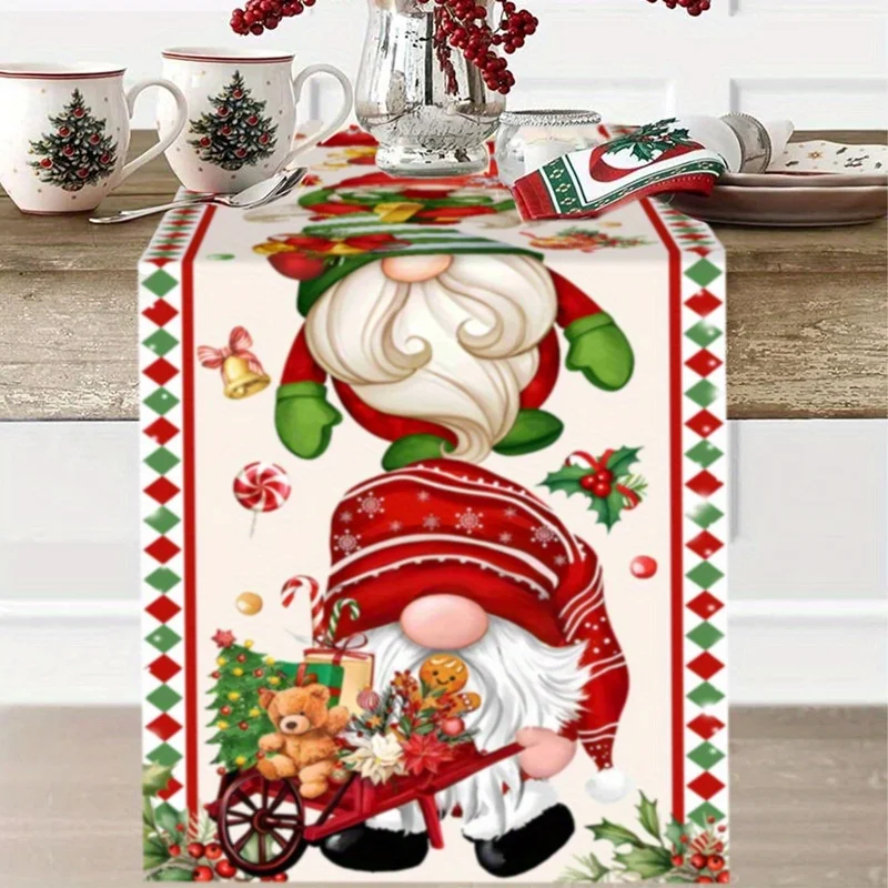 

1 Piece of Christmas Gnome Themed Table Runner, Painted with Christmas Gnomes on a Colorful Background, Gifts and Decorative Elements, Suitable for Christmas Dinners, Holiday Parties, Family Gatherings, Children's Activities, Themed Cafes, Home Decoration