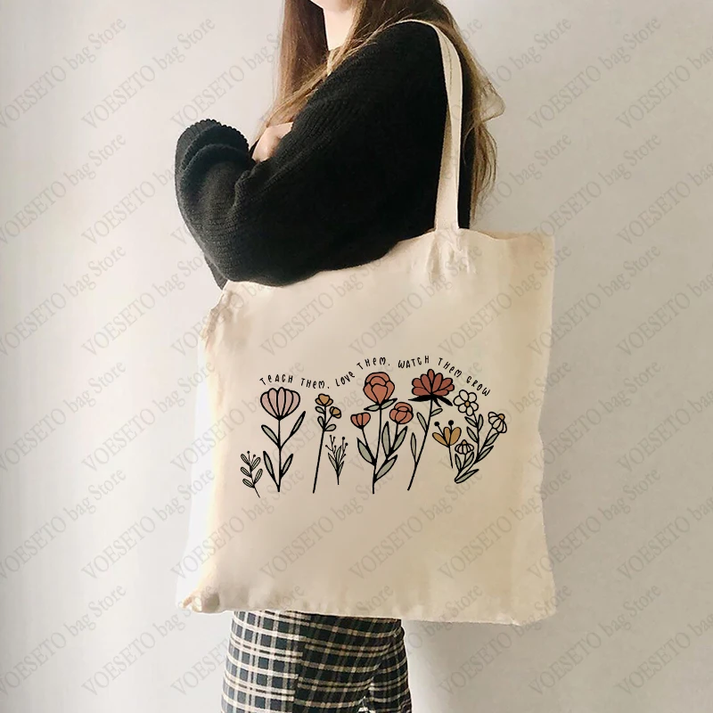 Teach Them Love Them Watch Them Grow Floral Pattern Tote Bag Floral Casual Canvas Shoulder Bag Teachers Gifts Women Shopping Bag