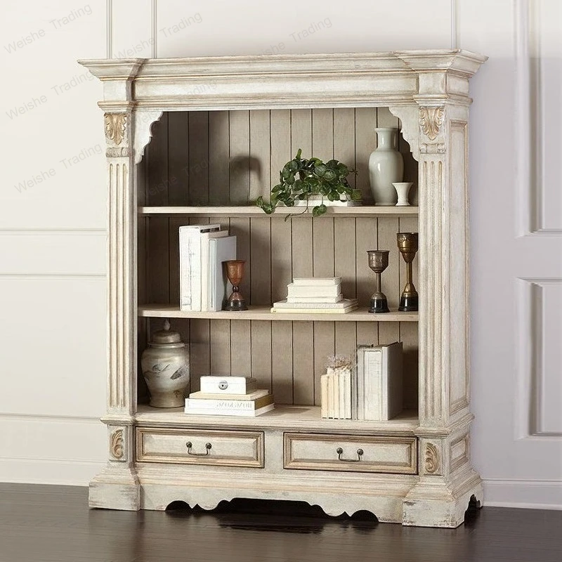 French American rural log bookcase custom all solid wood multi-layer baffle display cabinet white retro old bookshelf