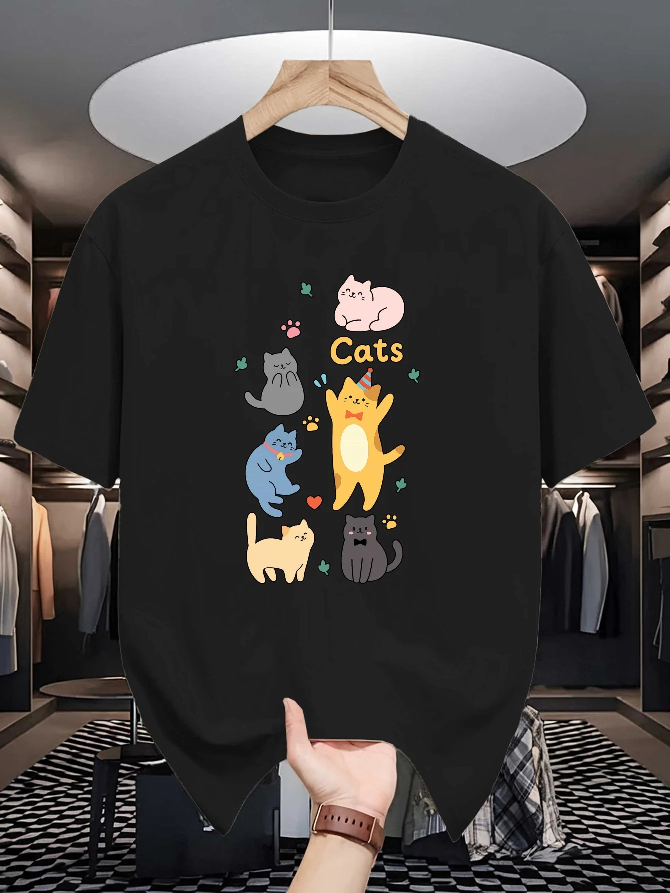 Mens Crew Neck T Shirt Adorable Cartoon Kittens Paw Heart Letter Graphic Short Sleeve Casual Cotton Pet Lover Daily Tees