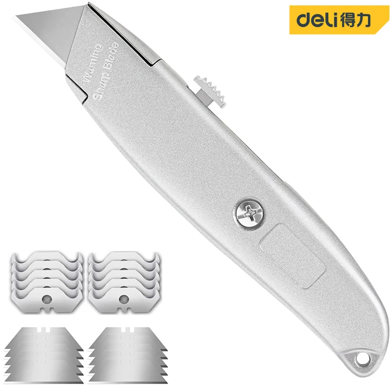 Deli Stainless Steel Box Cutter Utility Knife, SK2 Metal Blade Big Size Box Opener Cutting Self-Locking Design Paper Cutter Tool