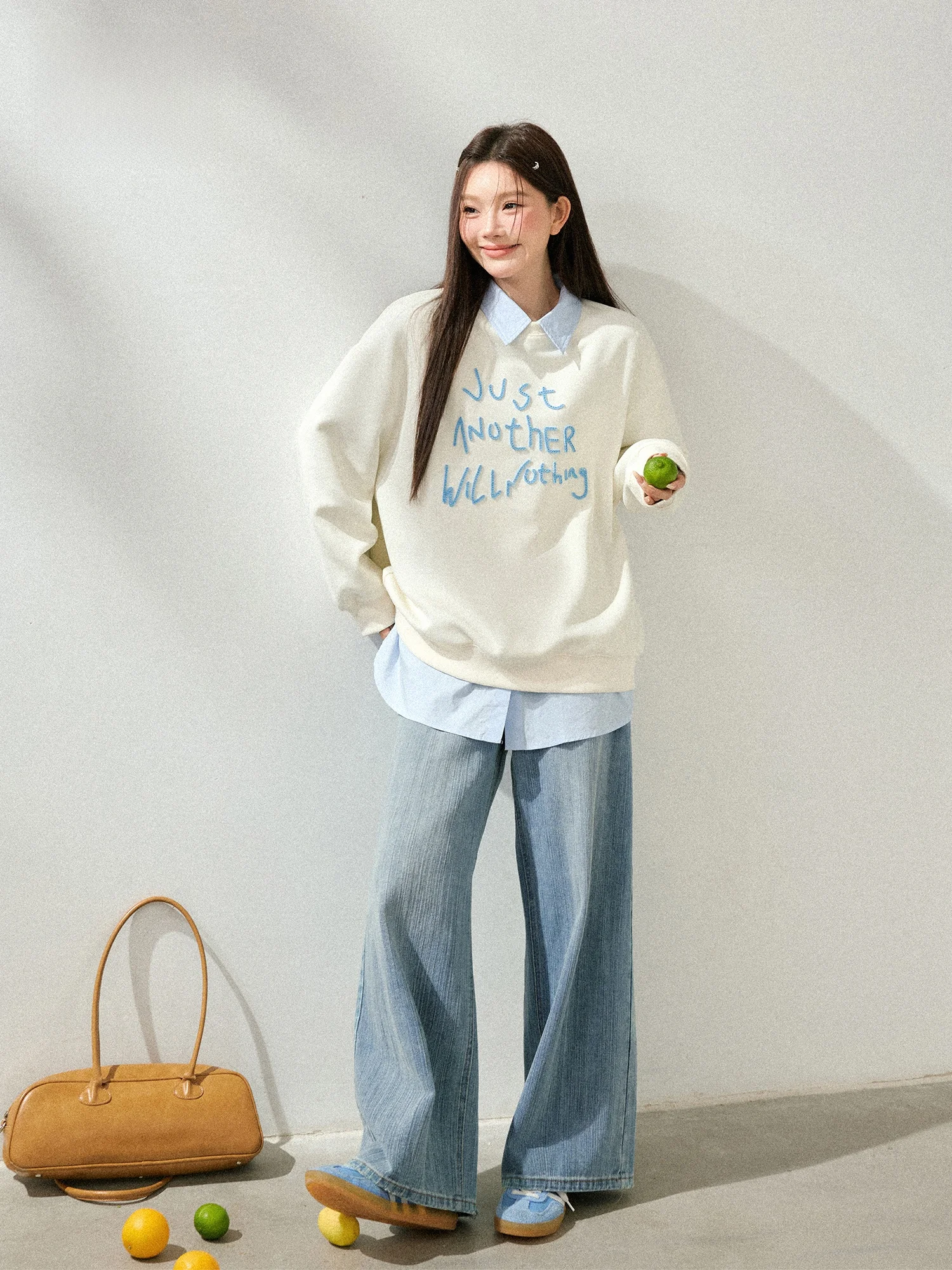 

Korean Sle plus Size Women's Spring Slimming School Sle irt Sweatirt Jeans Set High Waist Long Pants Casual Wear