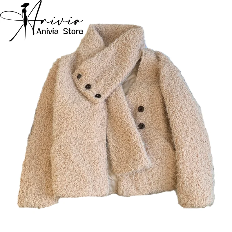 Women's Lambhair V-neck Long Sleeved Scarf Cotton Coat Y2k Japanese Cute College 2000s Retro Warm Coat Winter Clothing 2024 New