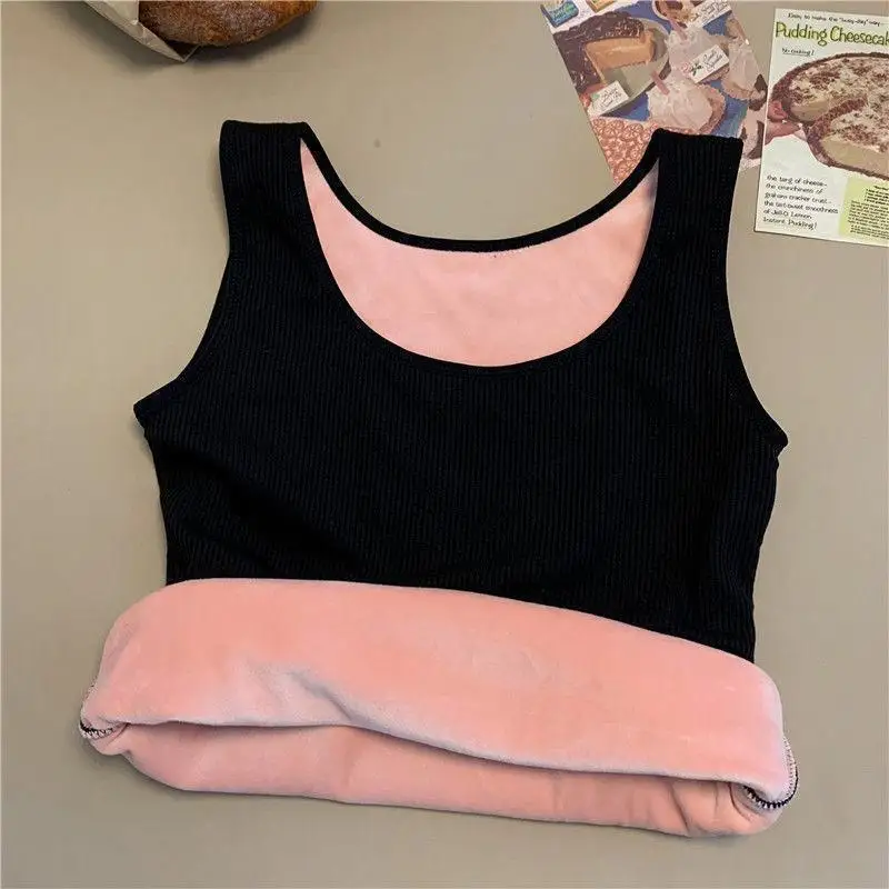 Camiseta térmica de invierno para mujer, sin costuras, con forro de terciopelo, sin mangas, chaleco cálido, camiseta interior para mujer, de color liso, lencería sexy.