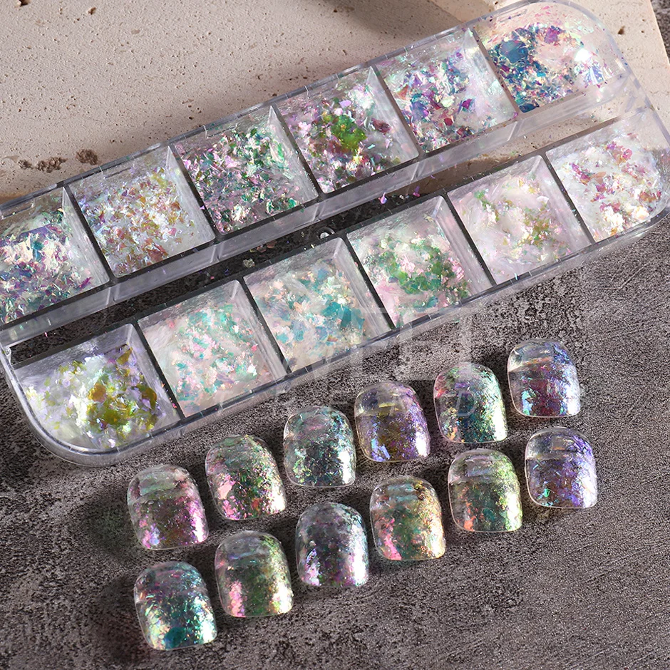 12 Grids Holographic Opal Fire Flakes Nail Art Paillette Translucent Aurora Iridescent Glitter Set Nail Decoration Powder SAJDP