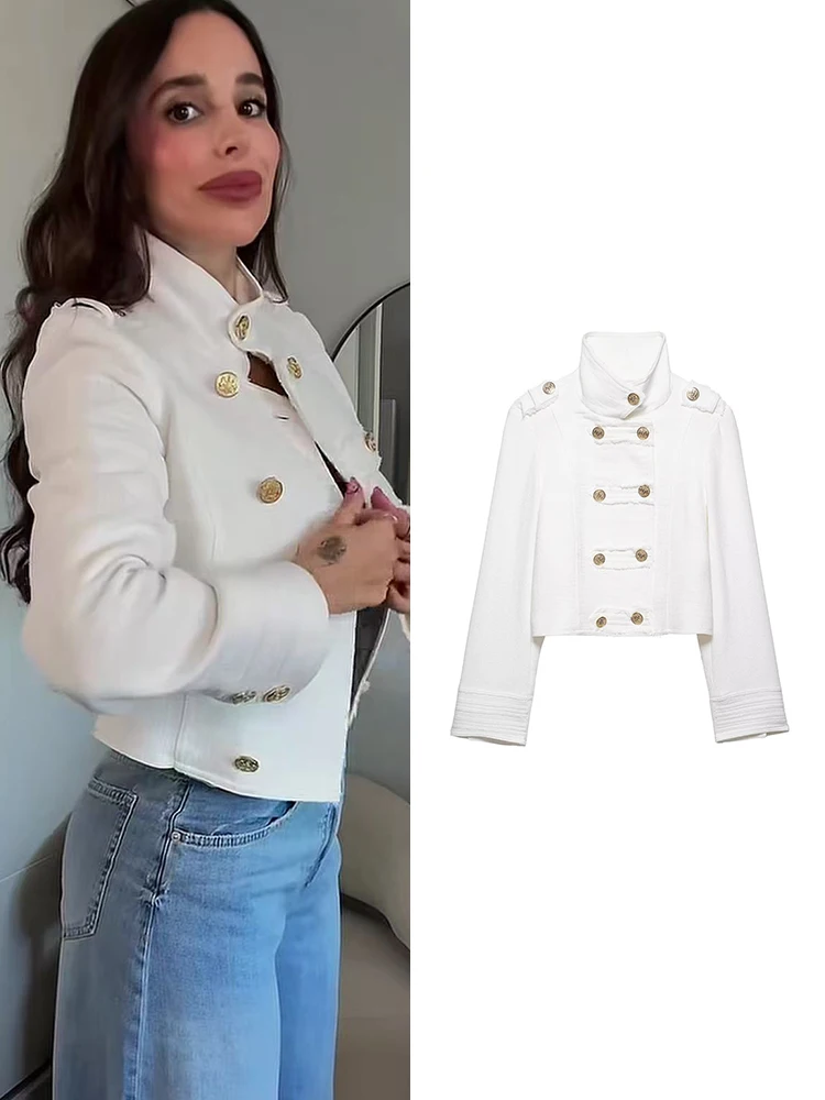 TFMLN Elegant Women Short Coat Long Sleeve Double Breasted Fashion White Cropped Jacket 2026 Spring Chic Lady Outerwear New