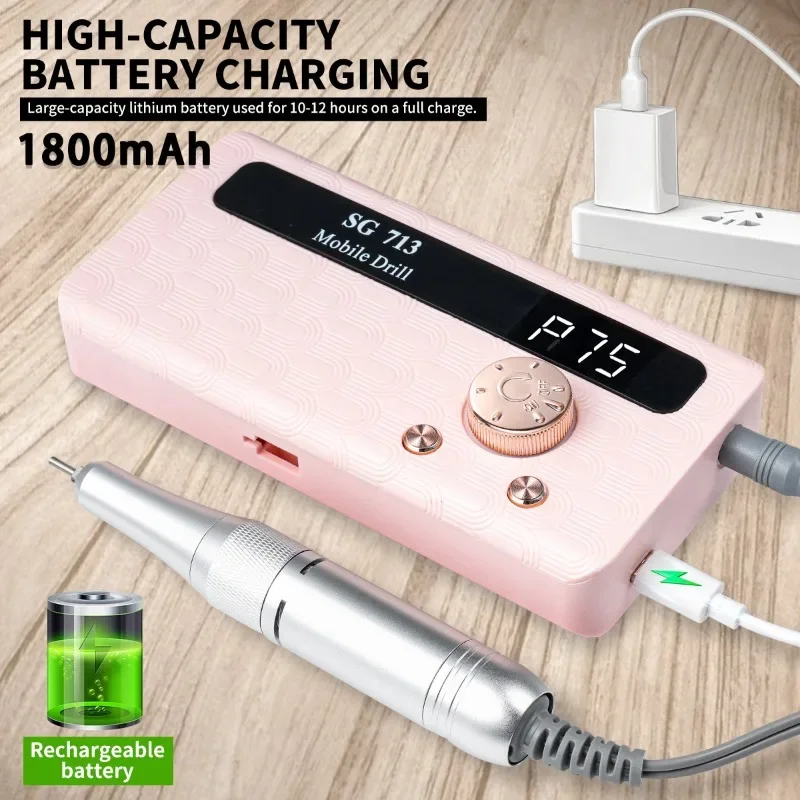 35000/45000RPM Rechargeable Nail Drill Machine Portable Professional Electric Manicure File Gel Polish Removing & Nail Grinding