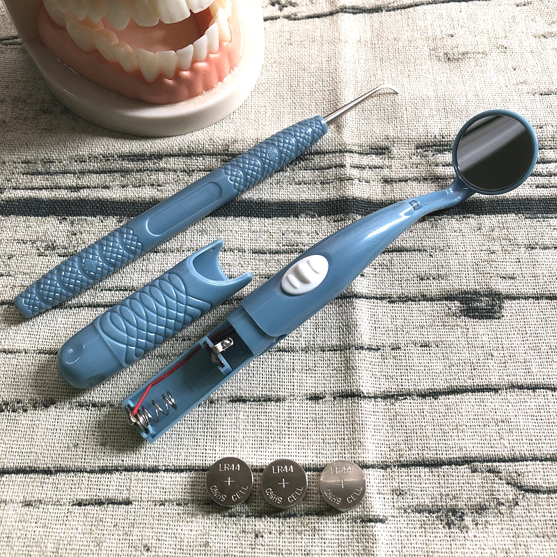 حزمة مضاءة (الشركة المصنعة) اليابانية فائقة السطوع LED مضاءة مرآة الفم عن طريق الفم + مزيل البلاك اختيار الأسنان 2in1 طقم طب الأسنان #6