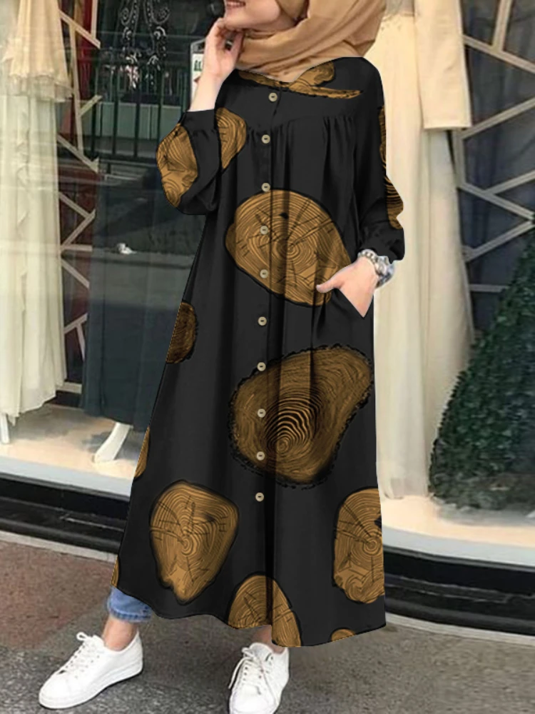 Ramadan Muslim Printed Maxi Dress Women Abaya Islamic Clothing Casual Long Sleeve Shirt Vestidos Female Button Robe Summer 2022