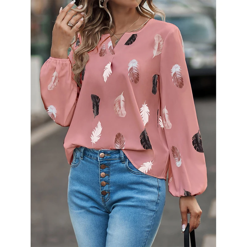 

Elegant Casual Women Shirts V-neck Feather Print Long-sleeved Loose Tops Tunic Blusas 2024 Summer And Autumn New T-Shirts