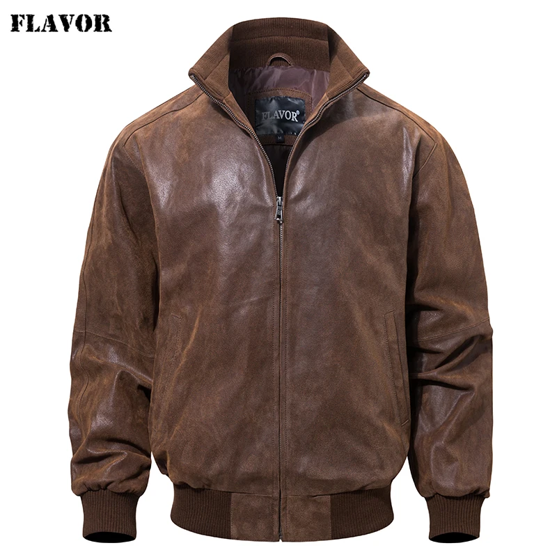 

FLAVOR Men's Real Pigskin Leather Bomber Casual Jacket Stand Collar Leather Coat