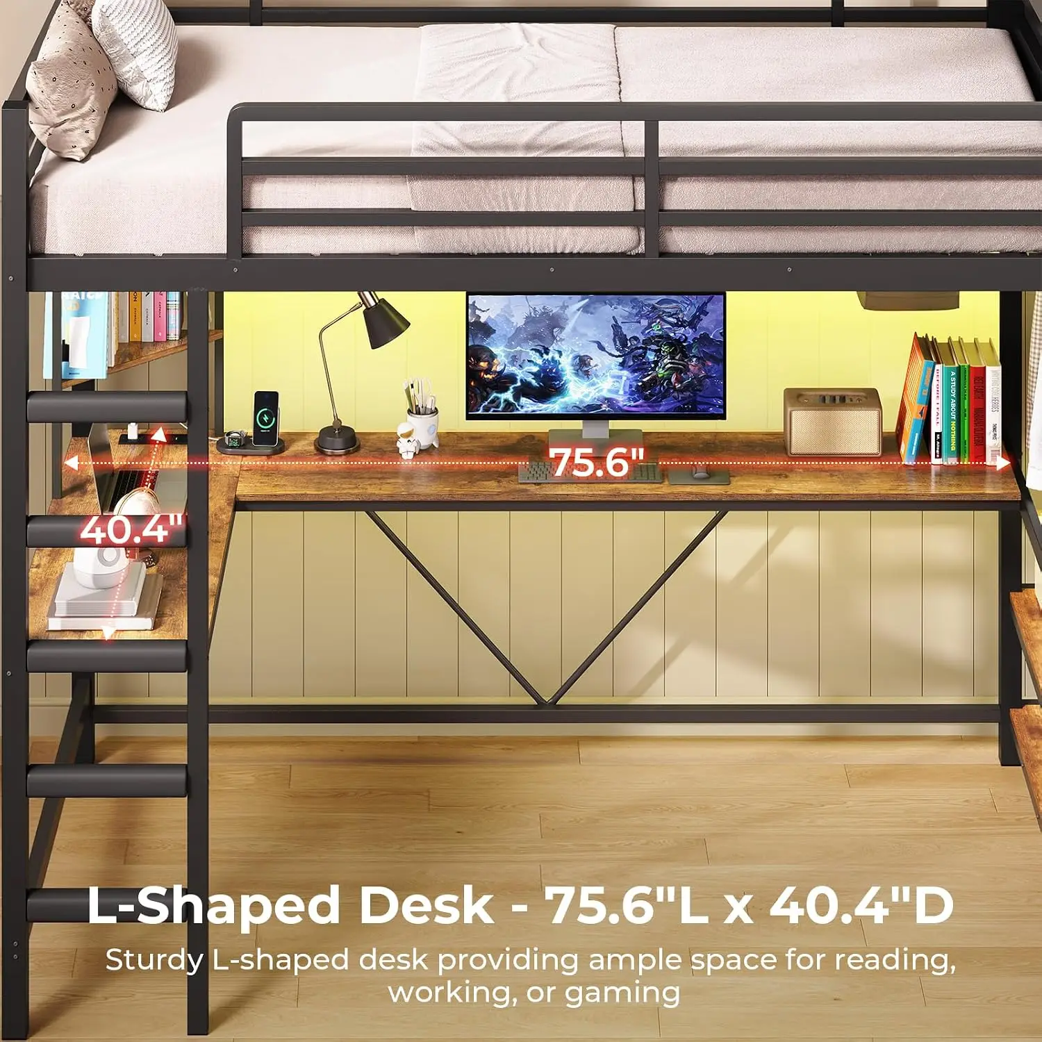 MSmask Loft Bed with L-Shaped Desk and 5 Storage Drawers, Metal Loft Bed with Charging Station and LED Lights, Hall Tree, Twin S
