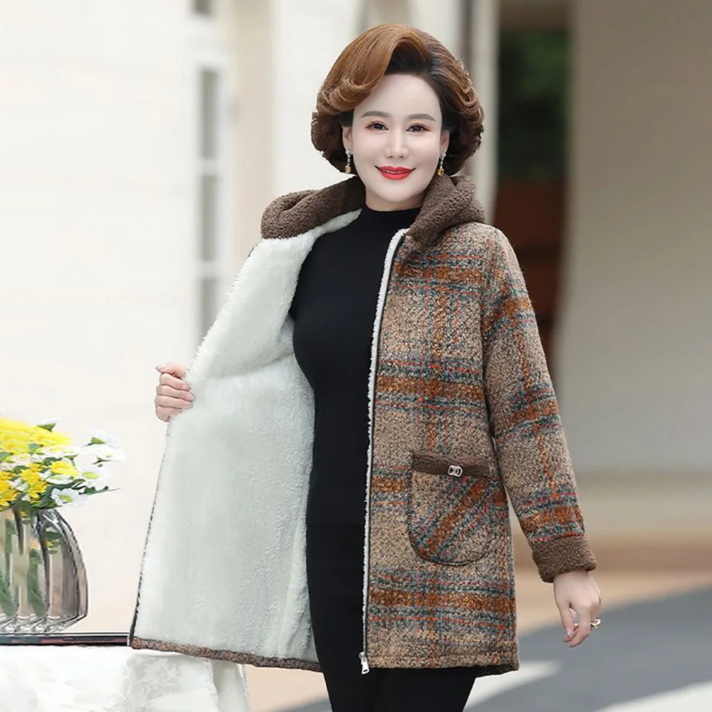 Long Coat In Winter Fleece Plaid Grain Velvet Middle-aged And Elderly Women Warm Hooded Cotton-padded Jacket In Autumn And Winte