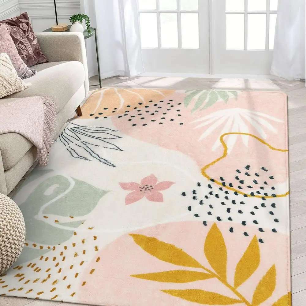 

Boho Style Living Room Rug, 4x6 Feet, Washable, Non-Slip, Cute Abstract Botanical Print Area Rug for Bedroom, Kids Room, Nursery